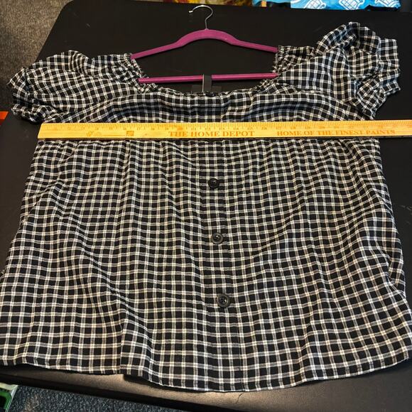 Lane Bryant Black White Plaid Peasant Button Front Top Size 16 Puff Sleeve Boho - Picture 5 of 6